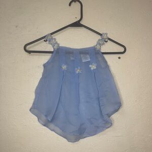 Blue Sheer Sleeveless Top with Floral Accents